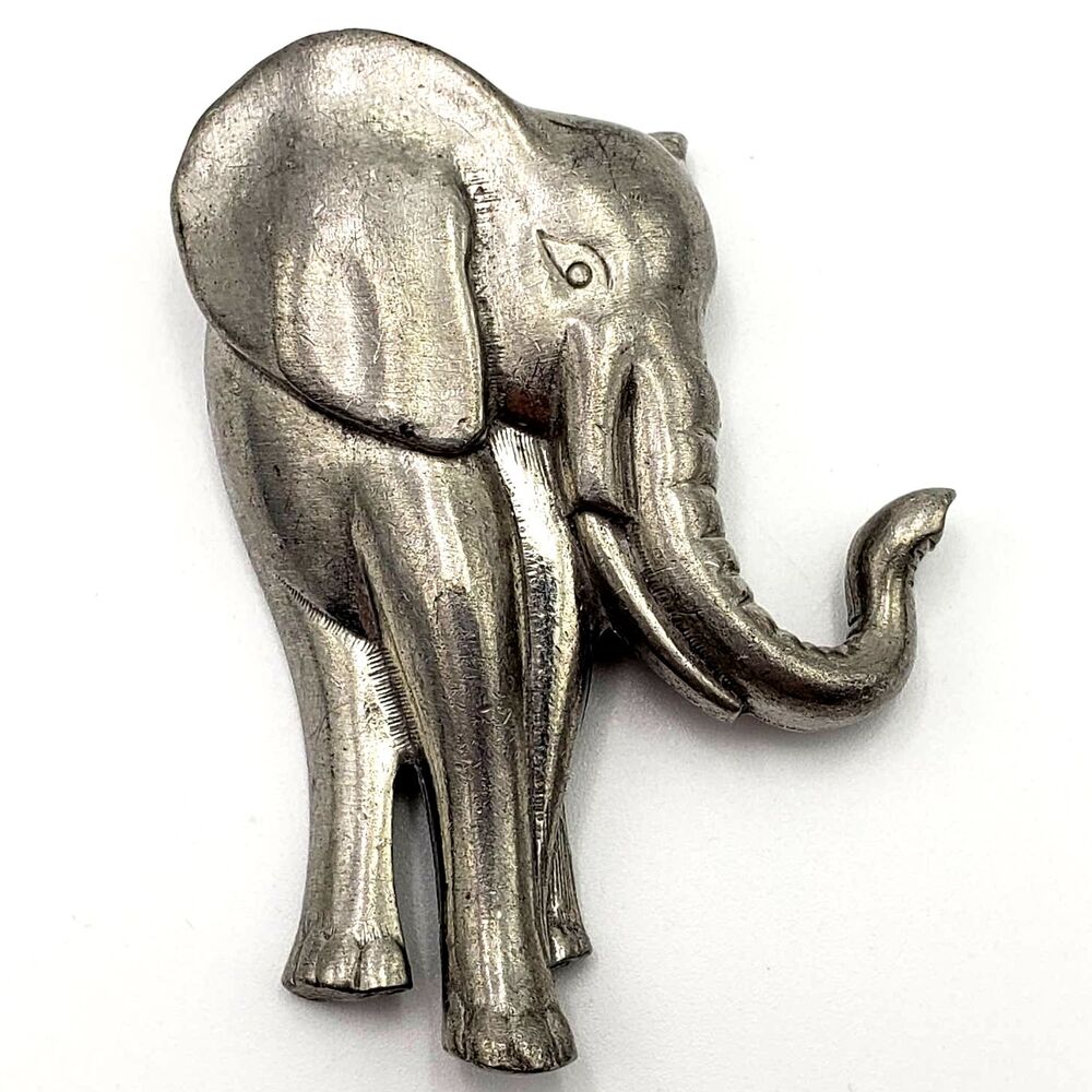 LCD Pewter Elephant Trunk Up Brooch Pin 2.25" Good Luck Vintage Animal